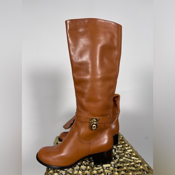 MICHAEL KORS Leather Cognac Chestnut Brown Logo Boots - Picture 1 of 7